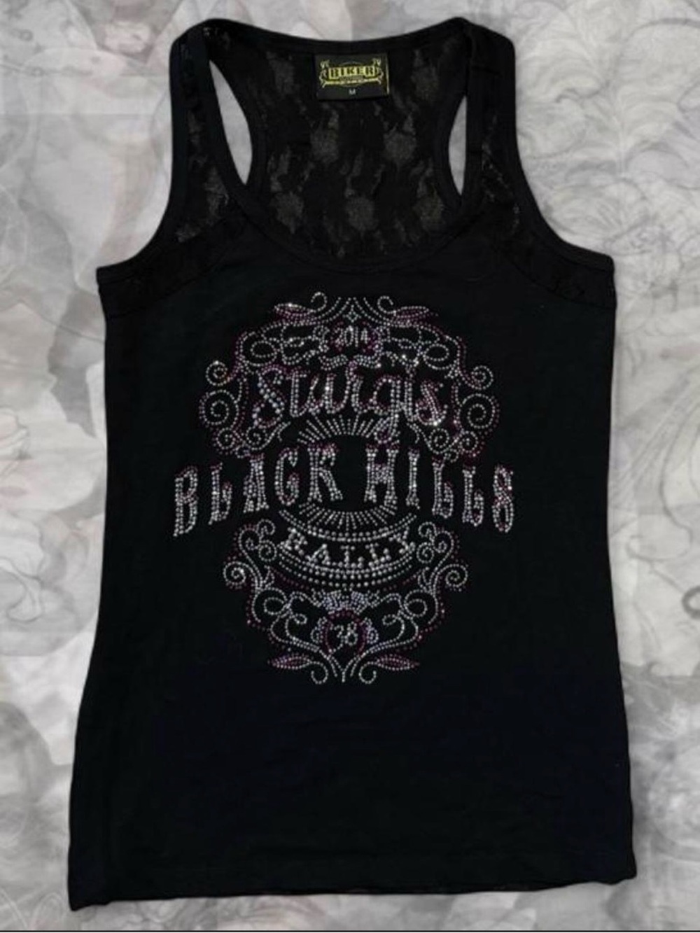 Black Rhinestoned Sturgis 'Black Hills' Lace-Back Tank Top